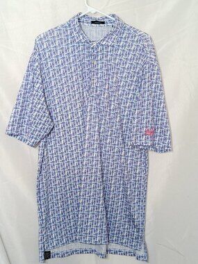 Turtleson Polo Shirt Mens L White Blue Tossed Bottle Print Golf Chet Performance